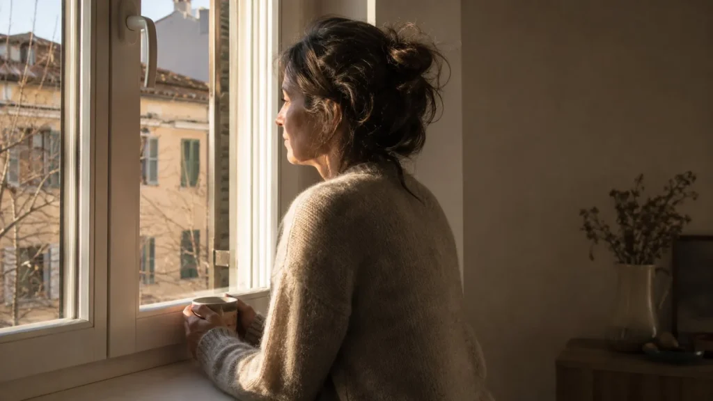 Donna in perimenopausa guarda pensierosa dalla finestra con una tazza in mano, nella luce del mattino